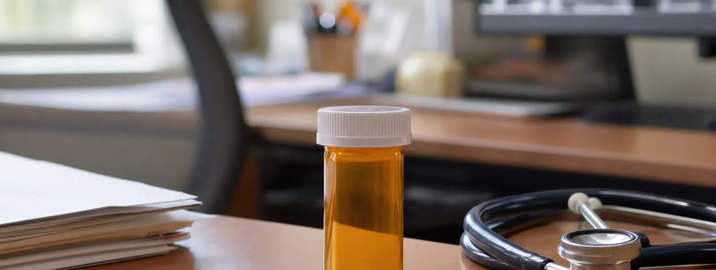 An amber prescription pill bottle with a single tablet sits on a wooden clinic desk beside a stethoscope, with brain-scan films softly out of focus in the background.