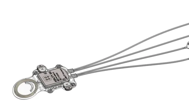 A grey technical rendering of an implant on a white ground: a small sealed module with a coil at one end, four ribbon leads fanning out to four rectangular electrode grids.
