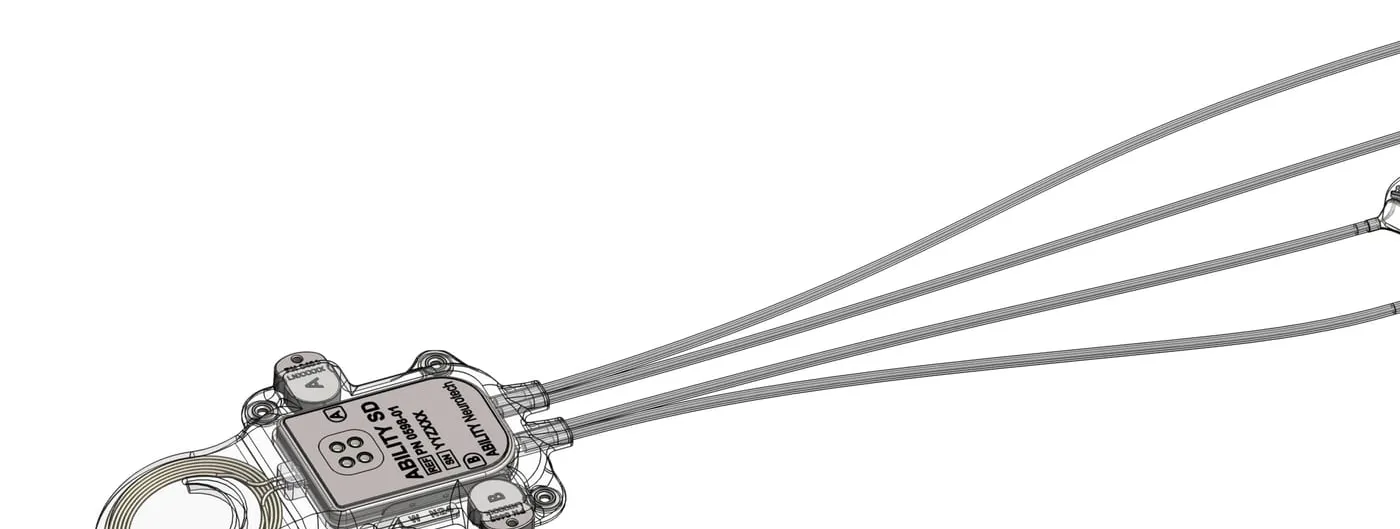 A grey technical rendering of an implant on a white ground: a small sealed module with a coil at one end, four ribbon leads fanning out to four rectangular electrode grids.