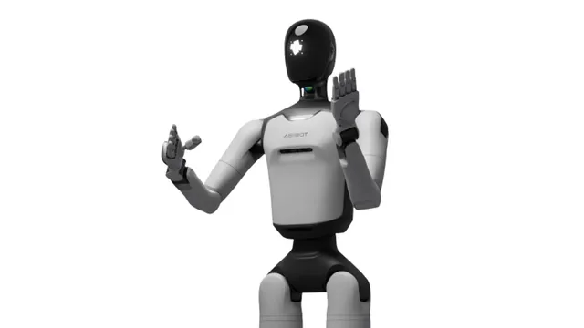 AGIBOT's A3 Ultra humanoid robot, standing with one hand raised palm-out and the other lifted at chest height, its head and torso bearing the AGIBOT wordmark, shown against a plain white studio background.