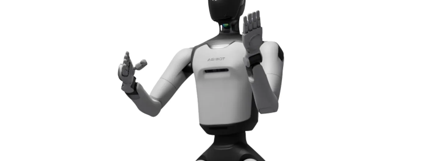 AGIBOT's A3 Ultra humanoid robot, standing with one hand raised palm-out and the other lifted at chest height, its head and torso bearing the AGIBOT wordmark, shown against a plain white studio background.