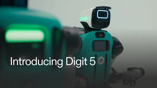 A teal and black Agility humanoid robot stands in profile, its cube-shaped head turned to the side with a ring-lit sensor glowing on its face and a green status bar across its torso, a second robot blurred in the foreground.