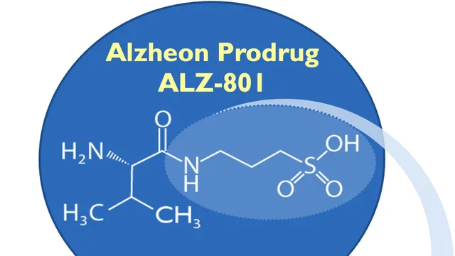 Alzheon diagram of the ALZ-801 prodrug, showing the chemical structure of valiltramiprosate inside a blue circle labelled Alzheon Prodrug ALZ-801.
