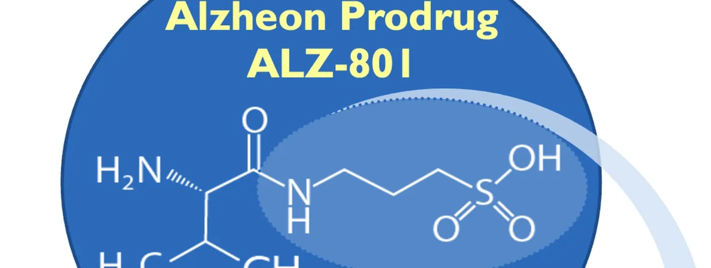 Alzheon diagram of the ALZ-801 prodrug, showing the chemical structure of valiltramiprosate inside a blue circle labelled Alzheon Prodrug ALZ-801.