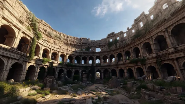 A 3D world generated by World Labs' Marble model: the curved, ivy-covered arches of a ruined Roman amphitheatre open to a blue sky above a rubble-strewn floor.