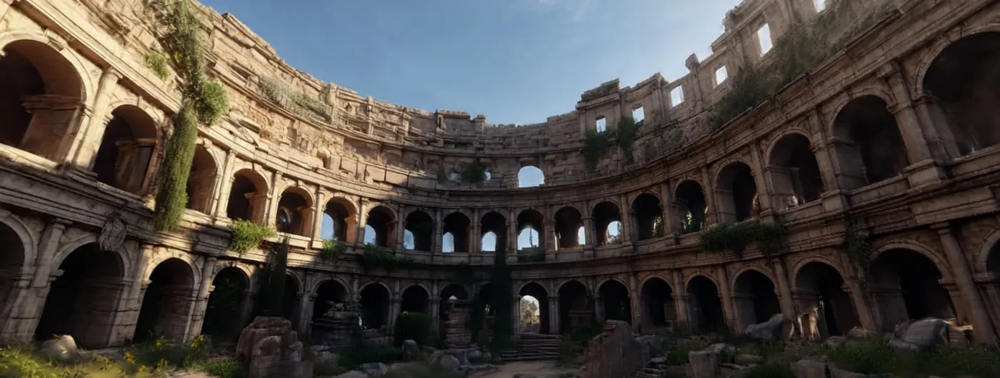 A 3D world generated by World Labs' Marble model: the curved, ivy-covered arches of a ruined Roman amphitheatre open to a blue sky above a rubble-strewn floor.