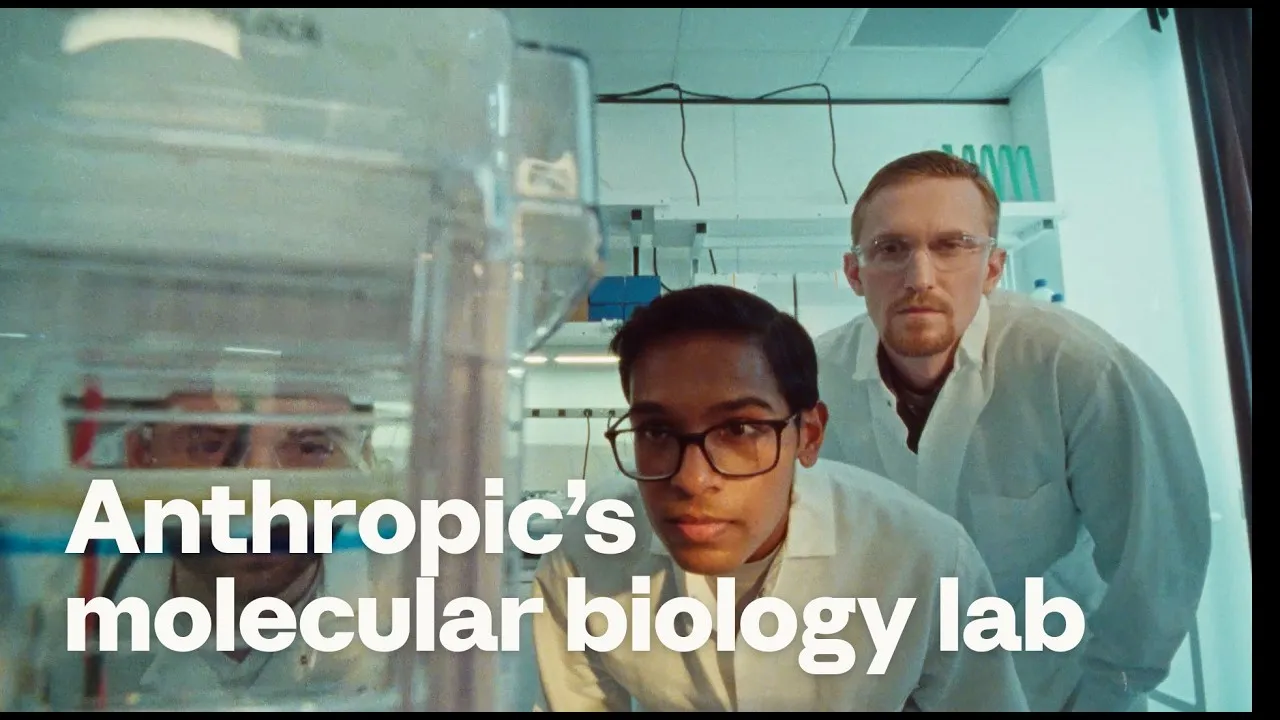 Two researchers in lab coats and safety glasses peer through clear laboratory glassware in a bright lab, a third face blurred behind the glass, with the words "Anthropic's molecular biology lab" overlaid in white.