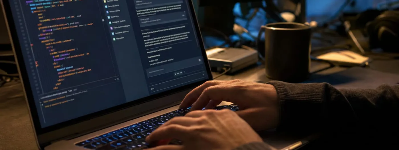 A software engineer's hands type on a laptop keyboard showing a code editor and chat panel, with two more monitors displaying code in a dim night-time office.