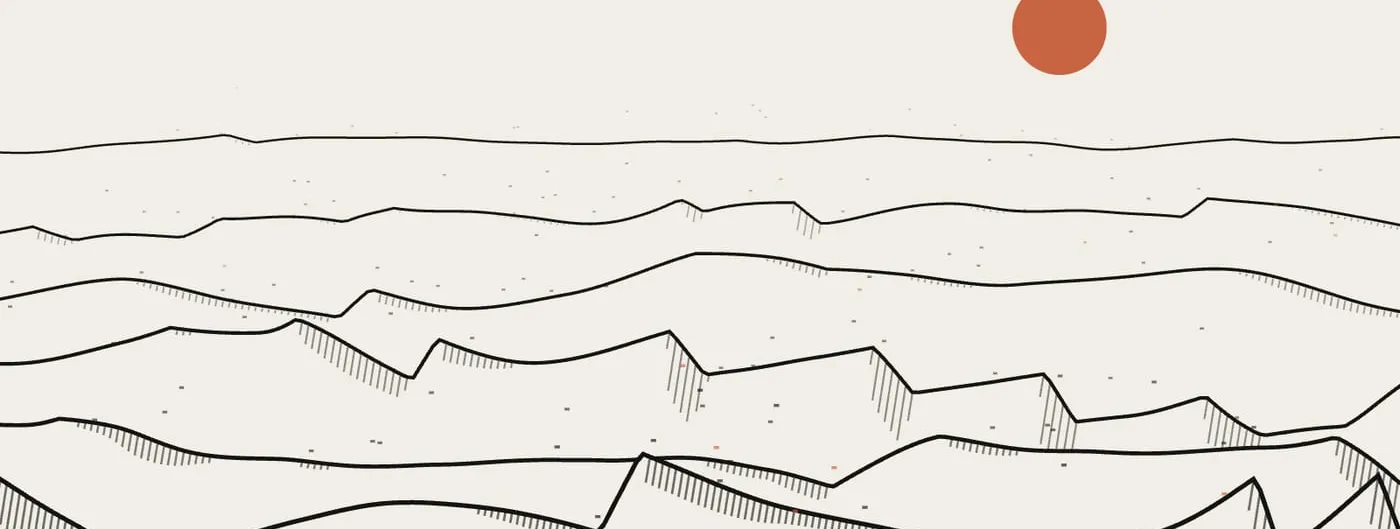A minimalist line-drawn desert of layered sand dunes with hatched shadows under a terracotta sun on a cream background, an animation Claude Sonnet 5.5 wrote and ran, as shown on Anthropic's announcement page.
