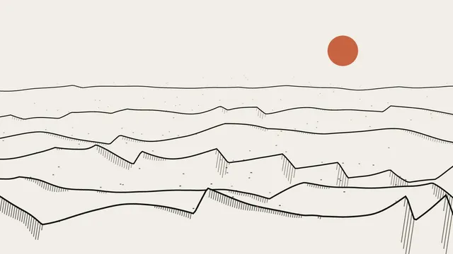 A minimalist line-drawn desert of layered sand dunes with hatched shadows under a terracotta sun on a cream background, an animation Claude Sonnet 5.5 wrote and ran, as shown on Anthropic's announcement page.