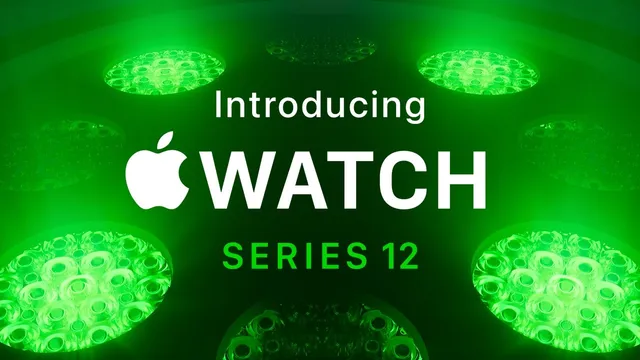 The glowing green optical heart sensor lenses of an Apple Watch fill the frame behind the words Introducing Apple Watch Series 12.
