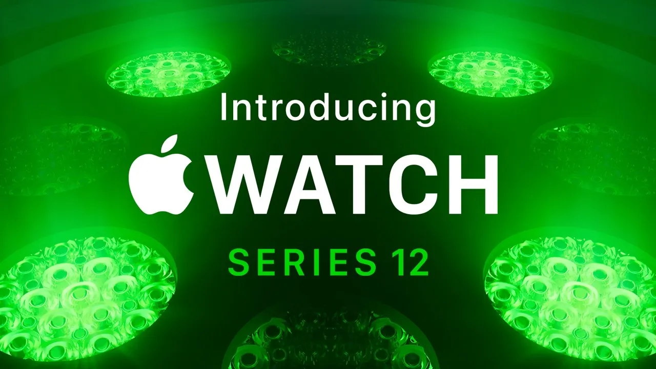 The glowing green optical heart sensor lenses of an Apple Watch fill the frame behind the words Introducing Apple Watch Series 12.