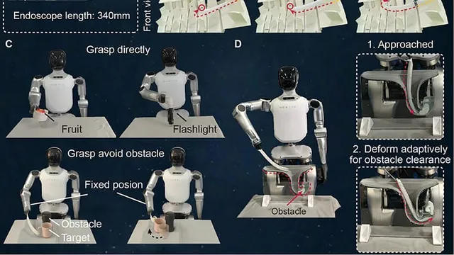 A figure from the paper showing a white humanoid robot fitted with a flexible tentacle-like gripper picking up fruit and a flashlight from a table, reaching around a bar to a target behind an obstacle, and two close-ups of the gripper deforming to clear an obstruction.