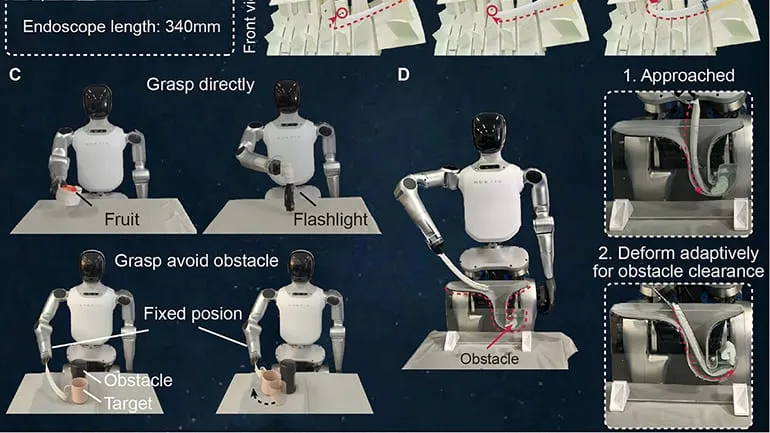 A figure from the paper showing a white humanoid robot fitted with a flexible tentacle-like gripper picking up fruit and a flashlight from a table, reaching around a bar to a target behind an obstacle, and two close-ups of the gripper deforming to clear an obstruction.