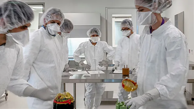 Cleanroom technicians in white PPE gowns, hairnets, masks and gloves work around a steel bench handling small cell-therapy vials and containers inside a CAR T-cell manufacturing facility.