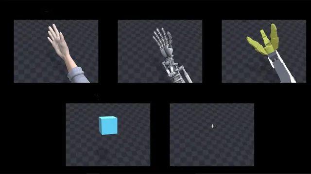 The five virtual-reality stimuli used in the BrainGate study: a human hand, an anthropomorphic robot hand and a three-pronged robot claw in a top row, with a plain cube and a fixation cross in the row below.