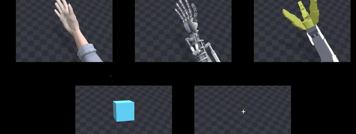 The five virtual-reality stimuli used in the BrainGate study: a human hand, an anthropomorphic robot hand and a three-pronged robot claw in a top row, with a plain cube and a fixation cross in the row below.