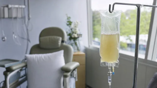 An intravenous infusion bag holding a pale straw-coloured liquid hangs from a chrome stand beside an empty reclining treatment chair in a hospital room.
