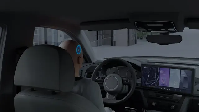 A dark product render seen from the rear seat of a car shows a driver with a glowing blue ring marking a device on the back of the head, facing a lit dashboard display.