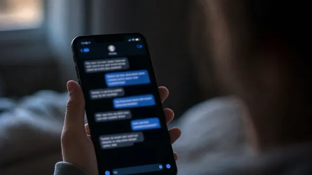 A teenager's hand holds a smartphone glowing with a blurred, illegible chat conversation in a dark bedroom.