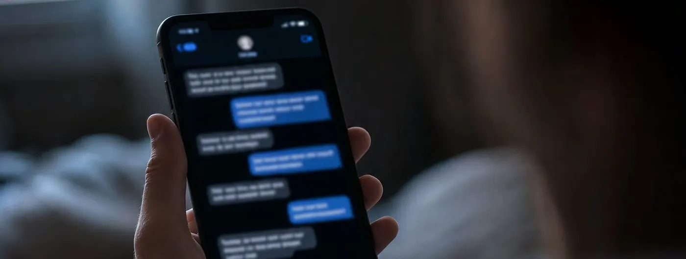 A teenager's hand holds a smartphone glowing with a blurred, illegible chat conversation in a dark bedroom.