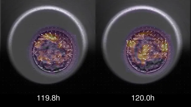Two adjacent human embryos at the blastocyst stage, shown as time-lapse microscope frames labelled 119.8h and 120.0h with white arrow overlays tracking internal cell movement.