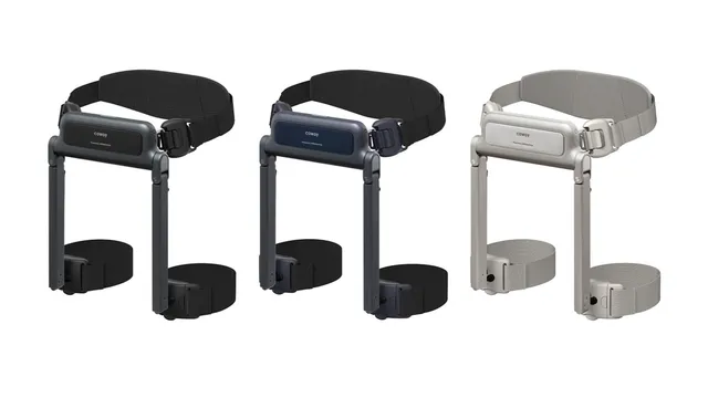 Three colourways of Coway's waist-worn walking-assist wearable robot, each with a hip unit branded Coway and Powered by WIRobotics and adjustable leg straps, shown against a white studio background.