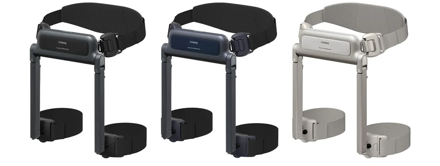 Three colourways of Coway's waist-worn walking-assist wearable robot, each with a hip unit branded Coway and Powered by WIRobotics and adjustable leg straps, shown against a white studio background.