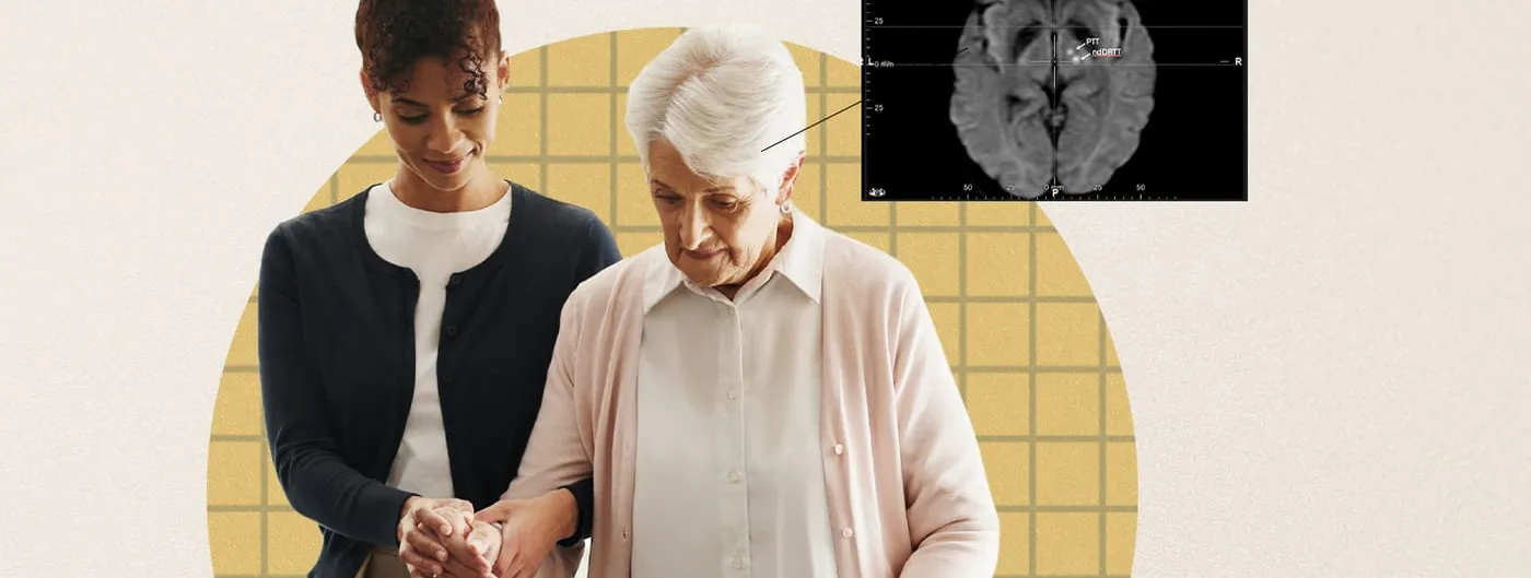 An annotated axial MRI brain scan marking the PTT and ndDRTT tract targets, linked by a line to an illustration of a caregiver helping an older woman walk.