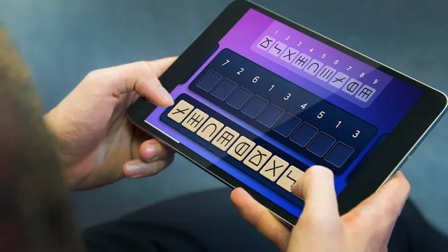 A pair of hands holds a small tablet showing a symbol-matching cognitive task, with rows of abstract glyph tiles and numbered slots on a purple-to-blue gradient screen.