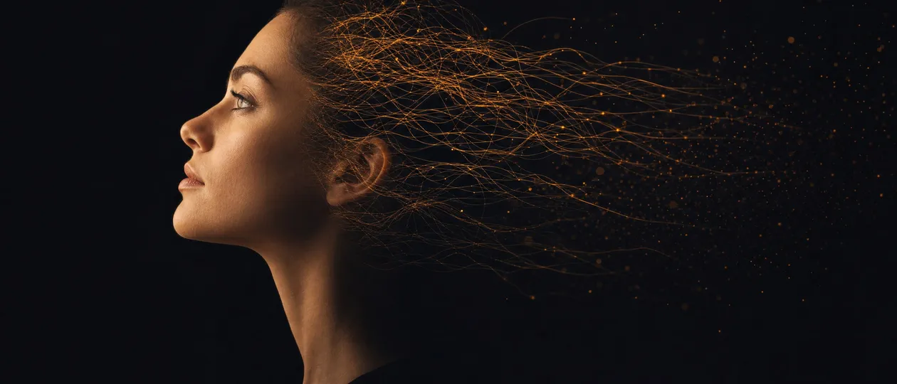 Profile of a woman against a black background, her hair dissolving into a lace of glowing amber neural filaments streaming behind her.