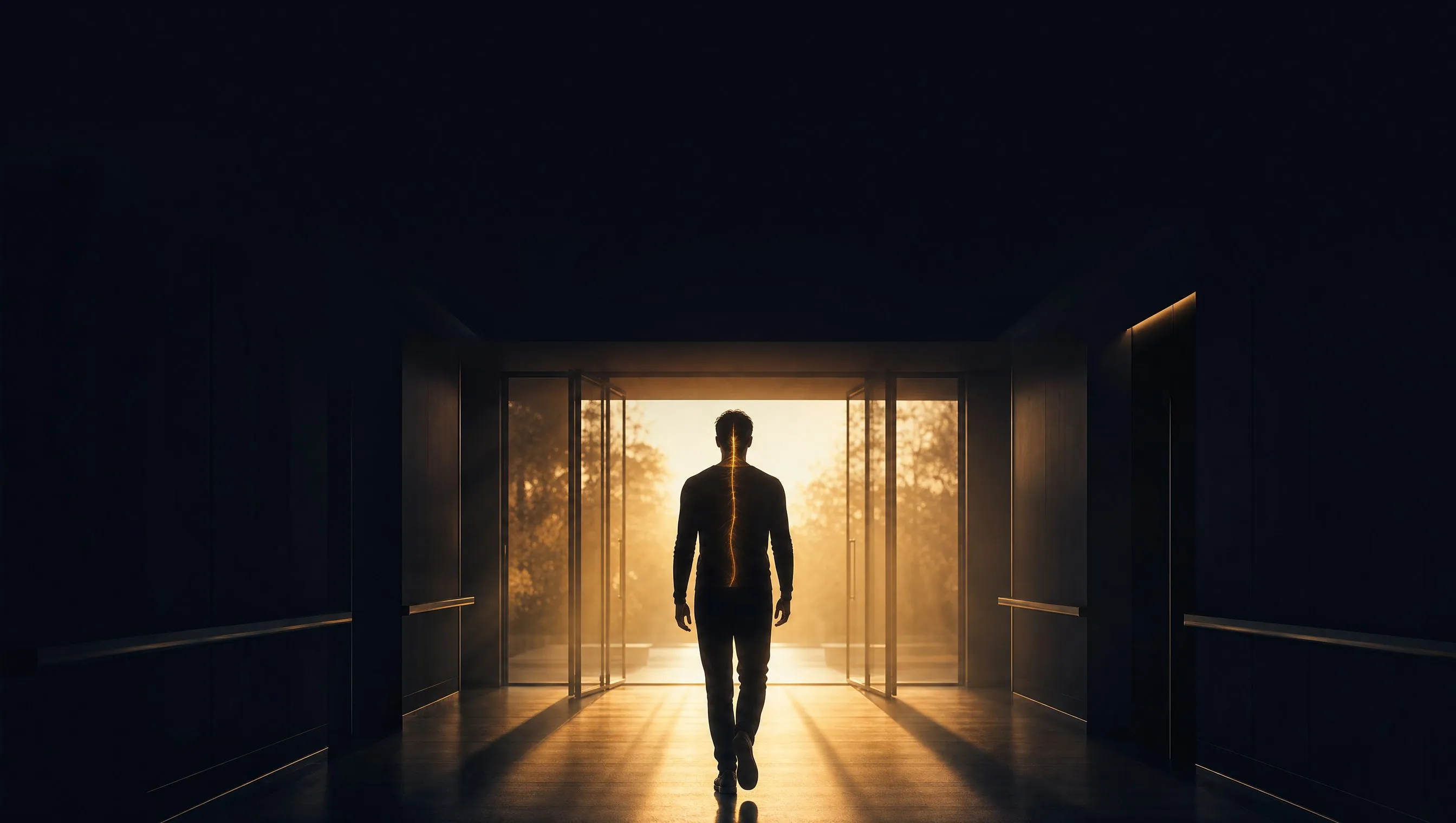 A man walks out of a dark hospital corridor toward doors flooded with golden light, a faint luminous line tracing his spine.