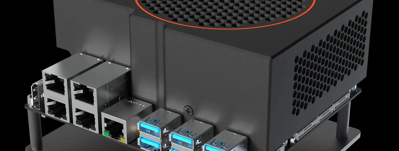 Angled product render of the D-Robotics RDK S600 developer kit board, showing its ventilated black enclosure, Ethernet and USB ports, and mounting stand-offs on a black background.
