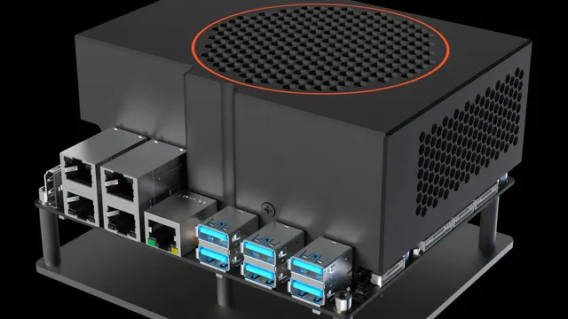 Angled product render of the D-Robotics RDK S600 developer kit board, showing its ventilated black enclosure, Ethernet and USB ports, and mounting stand-offs on a black background.
