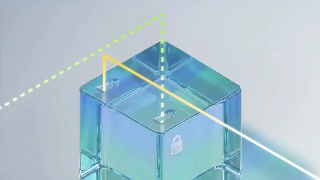 A translucent green and blue glass cube with two keyhole shapes cut into its top face and a small padlock symbol on its side, crossed by dashed light beams.