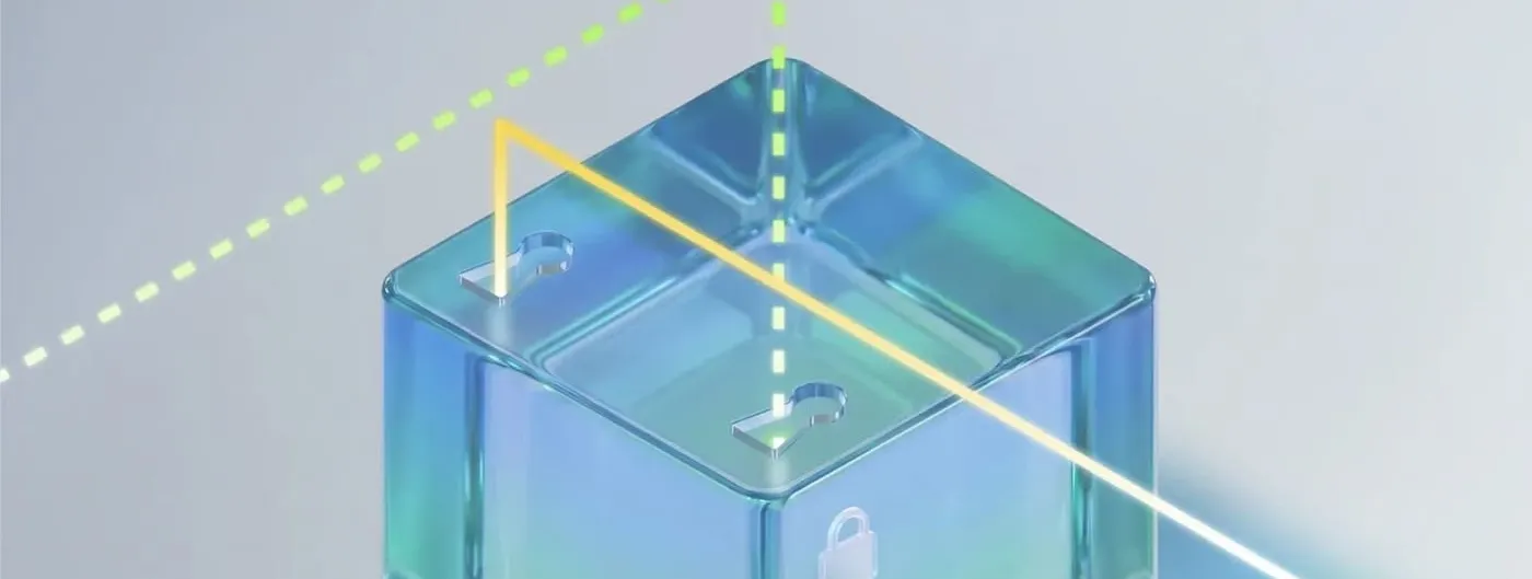 A translucent green and blue glass cube with two keyhole shapes cut into its top face and a small padlock symbol on its side, crossed by dashed light beams.