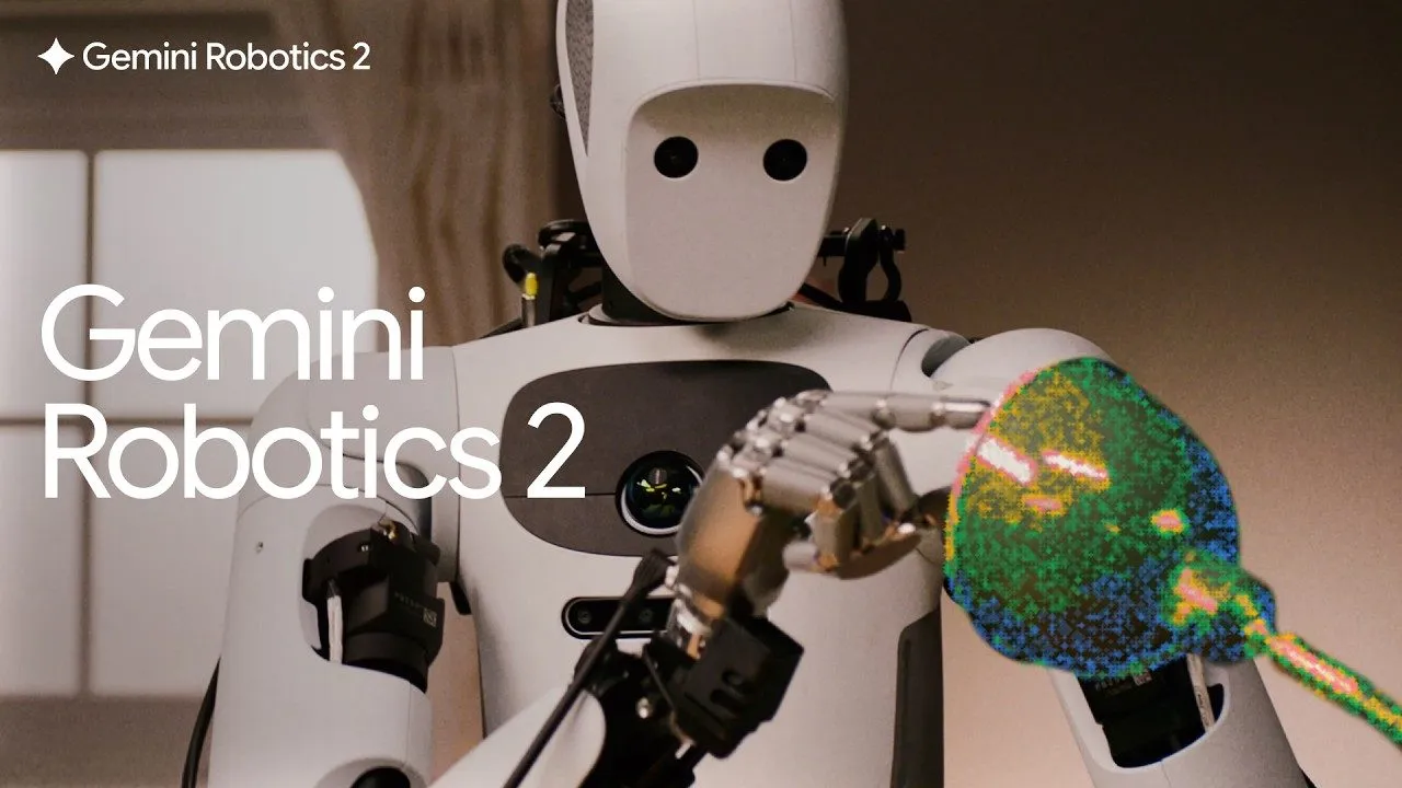 A white humanoid robot reaches out with an articulated metal hand toward an object rendered as a cloud of coloured points, under the overlaid title Gemini Robotics 2.