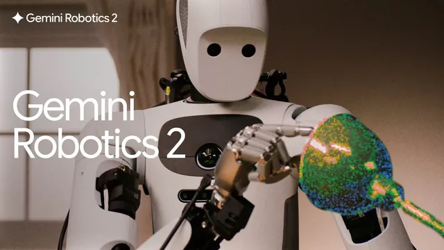 A white humanoid robot reaches out with an articulated metal hand toward an object rendered as a cloud of coloured points, under the overlaid title Gemini Robotics 2.