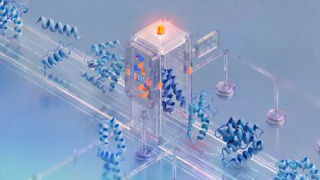 An isometric 3D render of blue protein structures on a glass conveyor passing through a transparent checkpoint scanner topped with an amber light, illustrating the watermarking of AI-designed proteins.