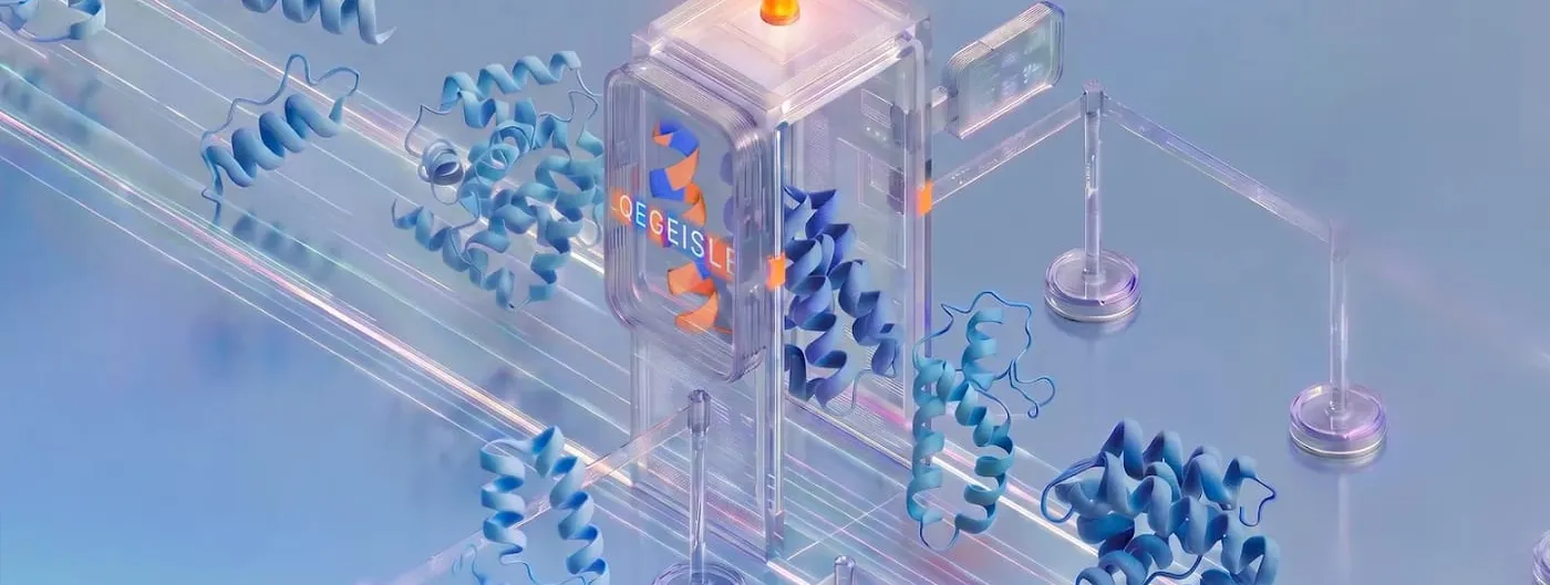 An isometric 3D render of blue protein structures on a glass conveyor passing through a transparent checkpoint scanner topped with an amber light, illustrating the watermarking of AI-designed proteins.