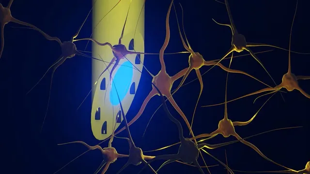 Rendered illustration of the needle-thin microfluidic Axialtrode, a translucent tube with openings and a glowing blue light window, among a network of golden neurons on a dark blue background.