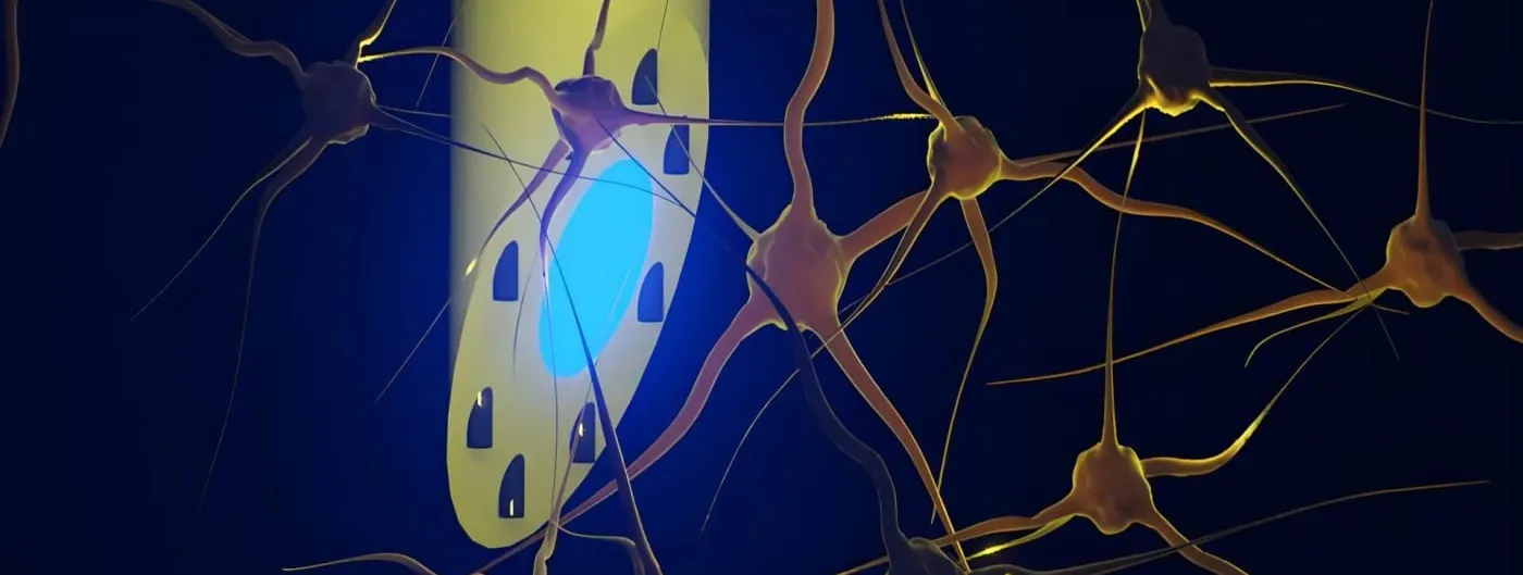Rendered illustration of the needle-thin microfluidic Axialtrode, a translucent tube with openings and a glowing blue light window, among a network of golden neurons on a dark blue background.
