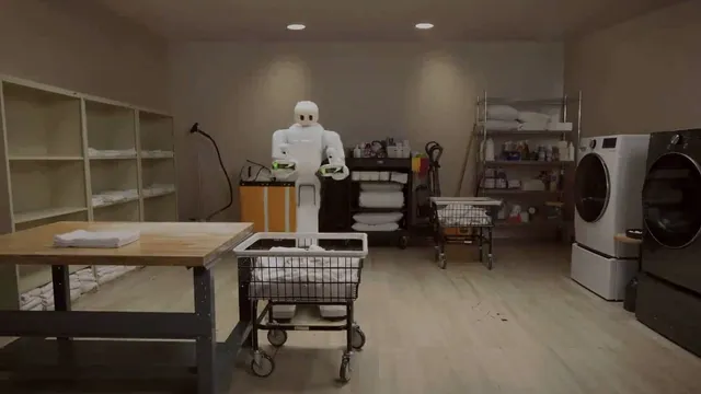 A white semi-humanoid robot stands behind a wire laundry cart full of white linens in a laundry room, with a folding table of towels, shelving, a supply cart and front-loading washer and dryer around it.