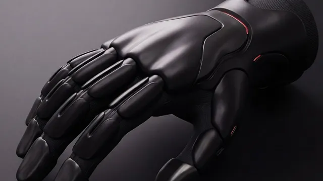 A matte black robotic hand glove photographed on a dark grey surface, its fingers built from segmented shells over a fabric liner, with thin red accent lines on the back of the hand and wrist.