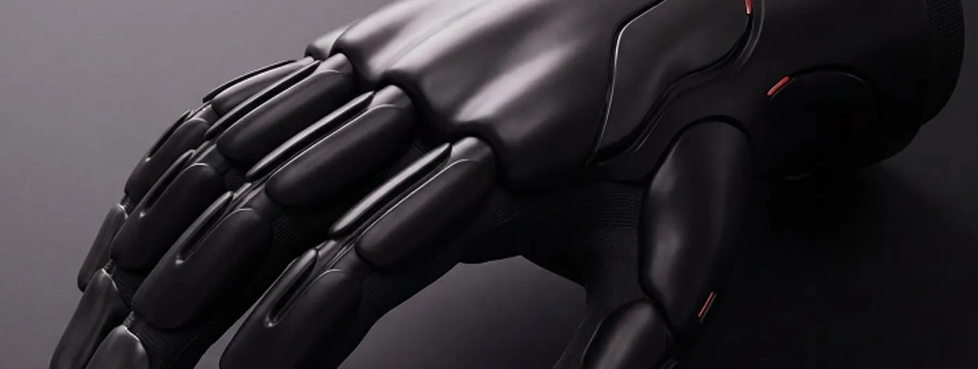 A matte black robotic hand glove photographed on a dark grey surface, its fingers built from segmented shells over a fabric liner, with thin red accent lines on the back of the hand and wrist.