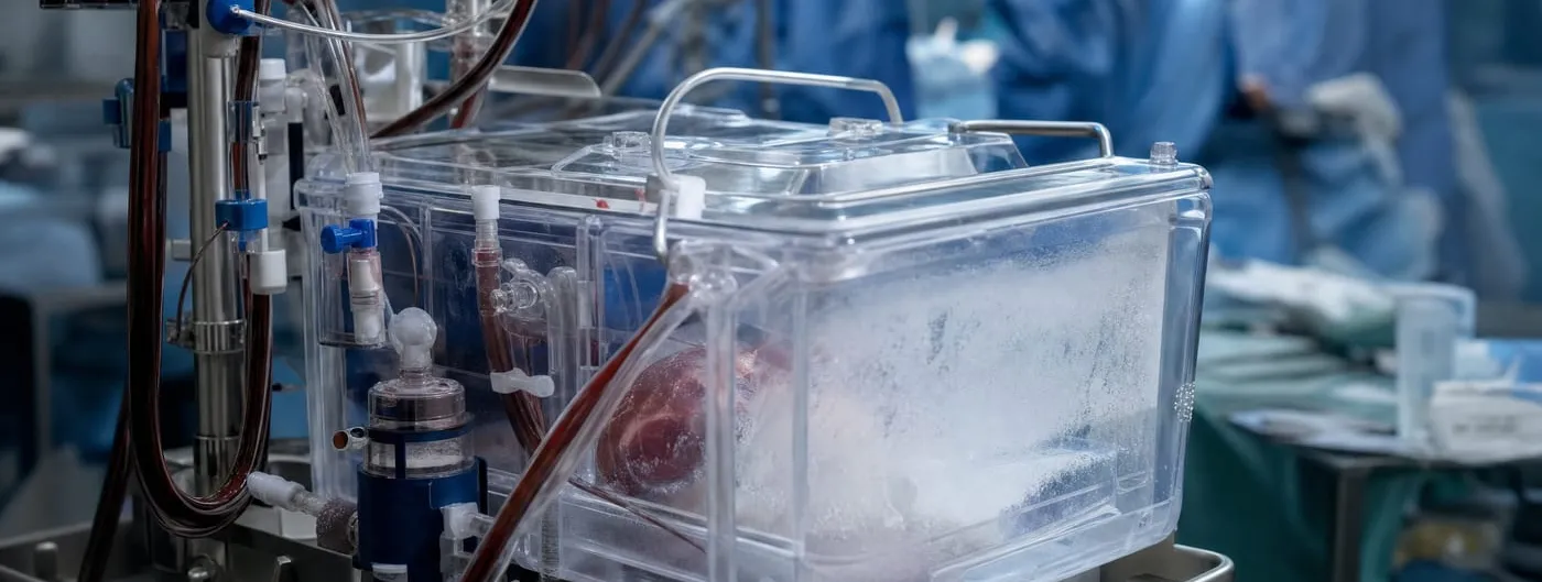 An organ perfusion machine on a stainless steel cart in an operating theatre, a chilled transparent chamber and dark red tubing in the foreground, gowned staff blurred behind.