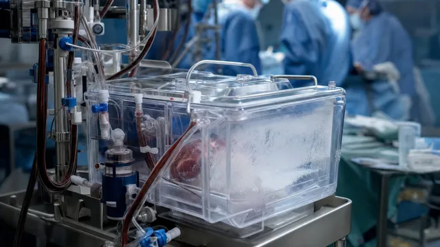 An organ perfusion machine on a stainless steel cart in an operating theatre, a chilled transparent chamber and dark red tubing in the foreground, gowned staff blurred behind.