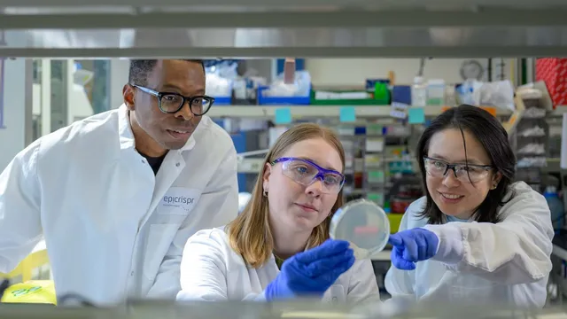 Three researchers in white lab coats and safety glasses lean together at a bench, one holding up a petri dish while another points at it with a blue-gloved hand.