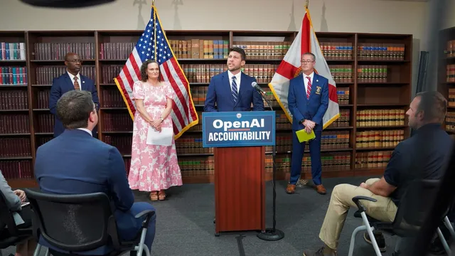 Florida Attorney General James Uthmeier speaks at a lectern marked OpenAI Accountability between a US flag and a Florida flag, at the June 2026 announcement of the state's lawsuit, in front of a wall of law books.