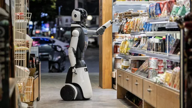 A wheeled humanoid robot with a white body and dark faceplate reaches toward packaged snacks on the shelves of a small brightly lit convenience kiosk, with a dark city street visible behind it.